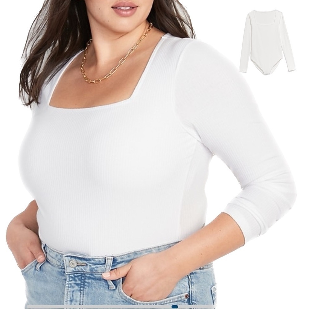 Old Navy White XXL-4X Long-Sleeve Square-Neck Rib-Knit Bodysuit (ON03)